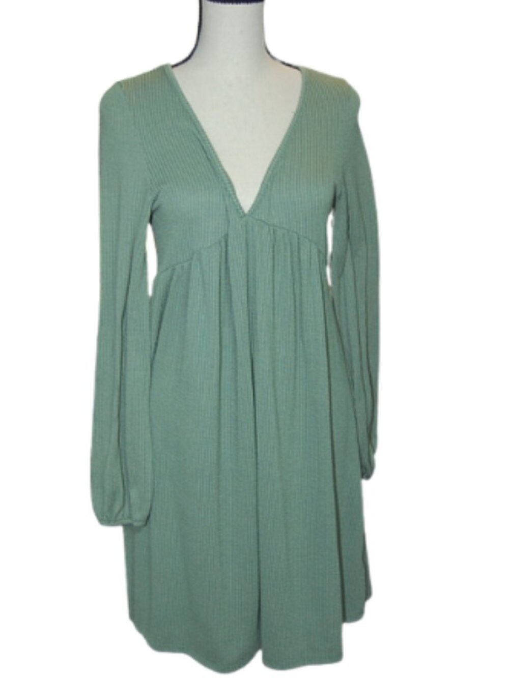 Francesca’s Blue Rain Textured Ribbed Babydoll Dress Sage Green Long Sleeve M
